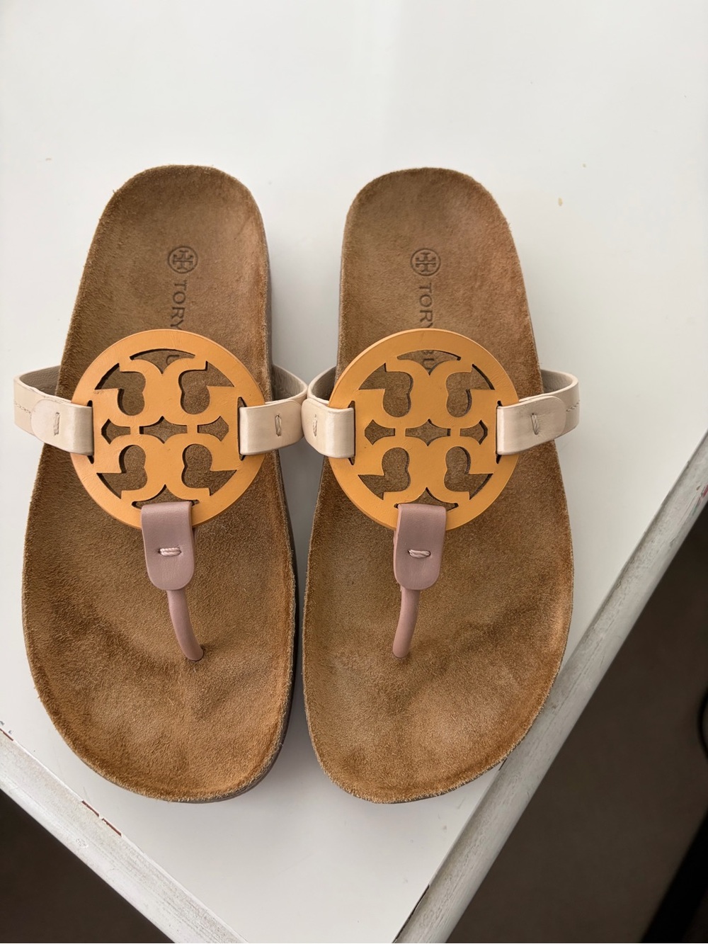 Tory Burch Beige and Pink Logo Thong Sandals with Gold Emblem